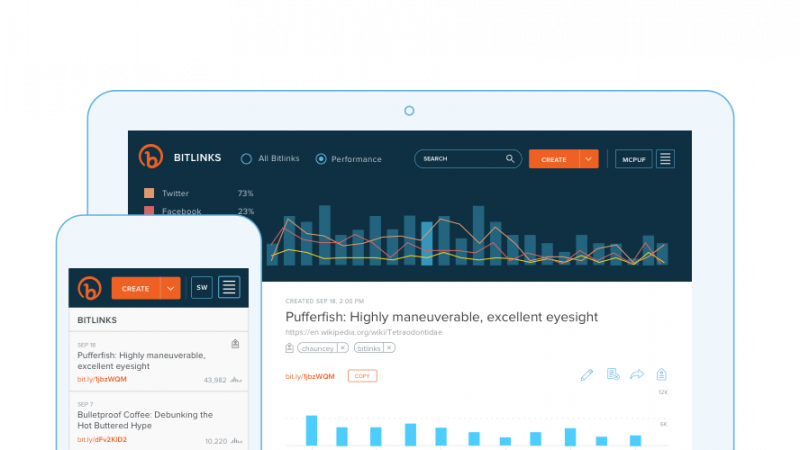 The Top 3 Social Media Tools Every Entrepreneur Needs: Customize, shorten, and track links using bit.ly (view of bit.ly homepage on desktop and mobile)