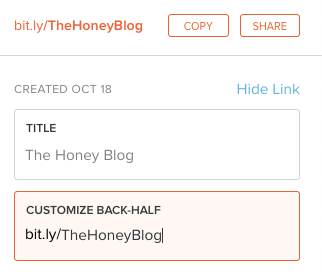3 Social Media Tools Every Entrepreneur Needs: Bit.ly customized back half link example - bit.ly/TheHoneyBlog