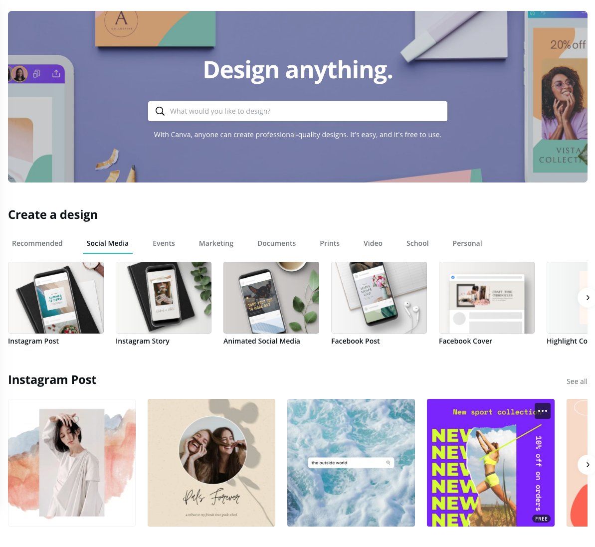 The Top 3 Social Media Tools Every Entrepreneur Needs:Create beautiful social media graphics using Canva (desktop view of Canva homepage)